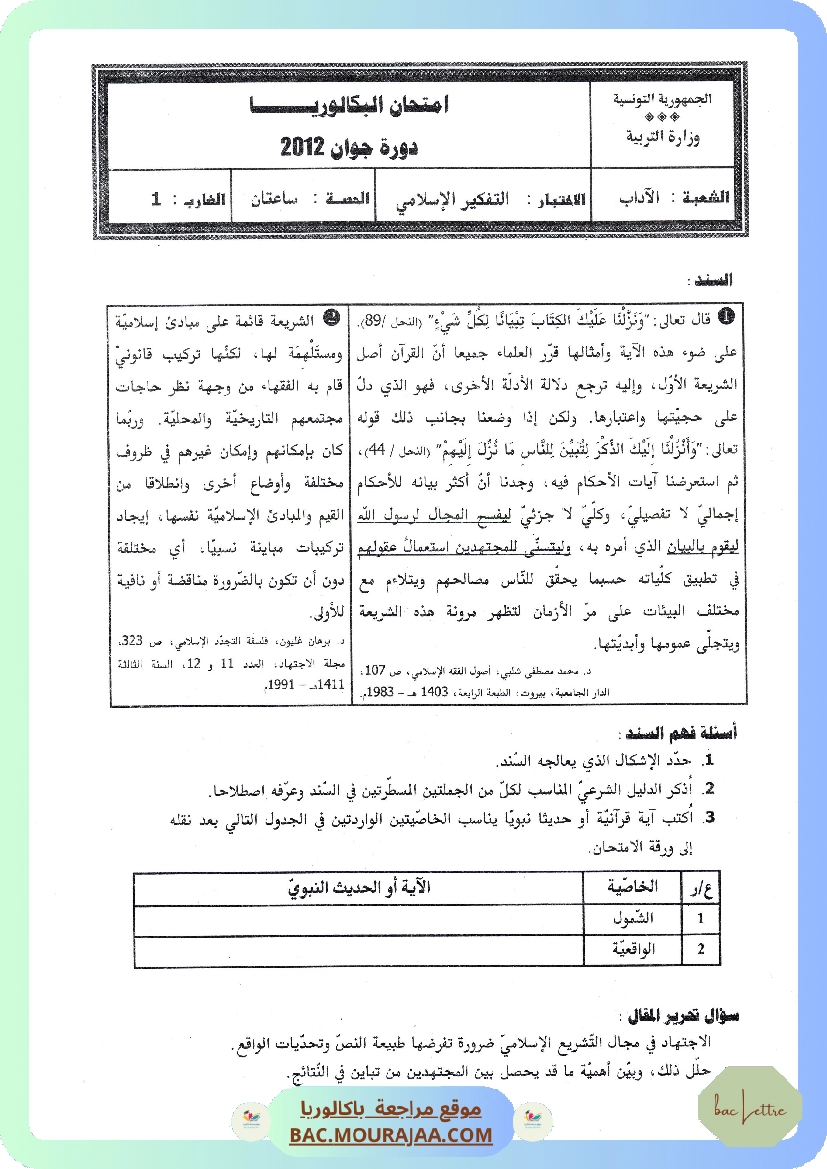 Sujet principale pense_islam Bac 2012 – Section lettre